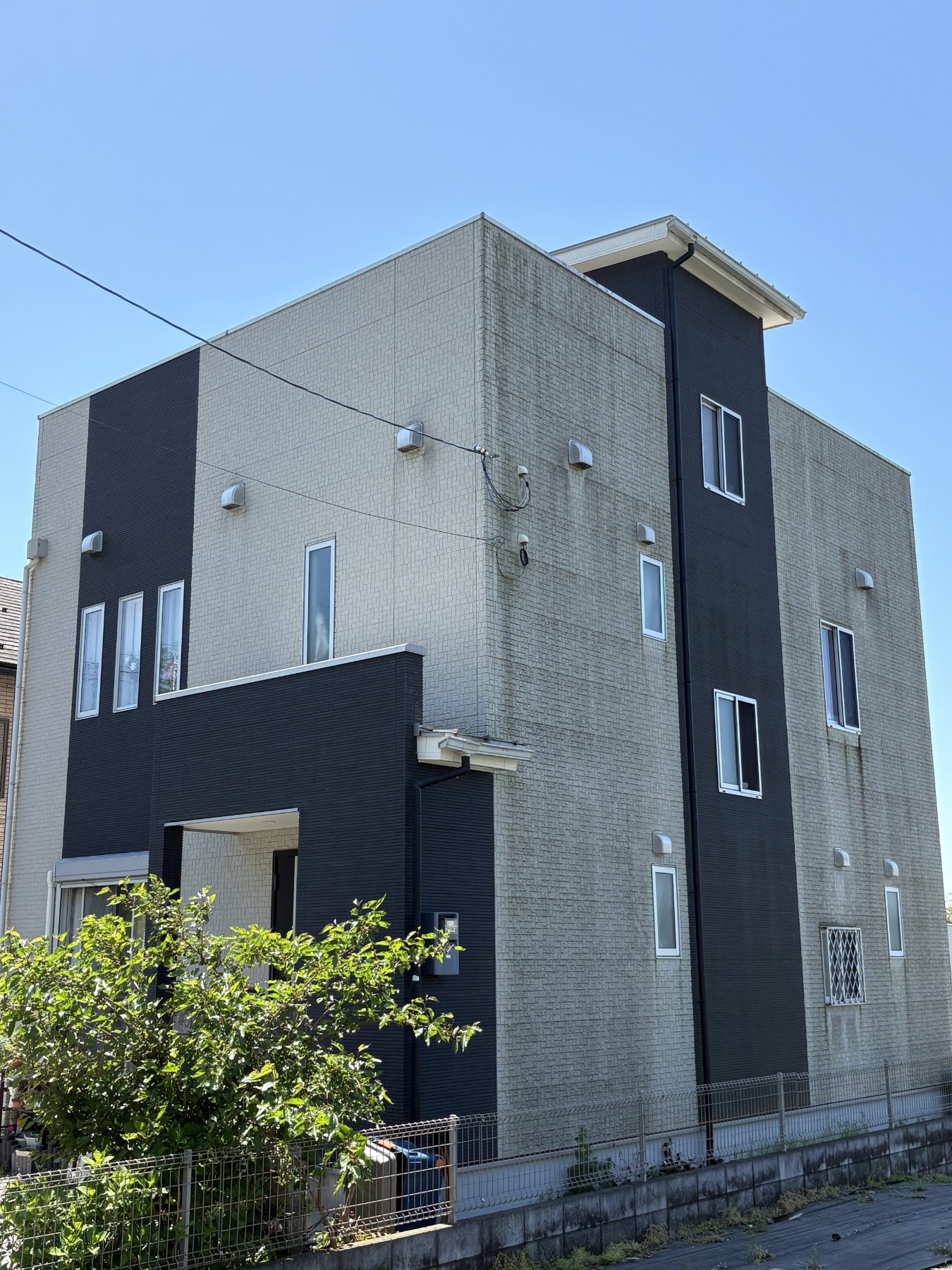 洗浄前:コケや黒ずみが付着した住宅の外壁